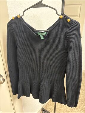 Lauren Ralph Lauren Black Ribbed Peplum Sweater with Gold Shoulder Buttons
